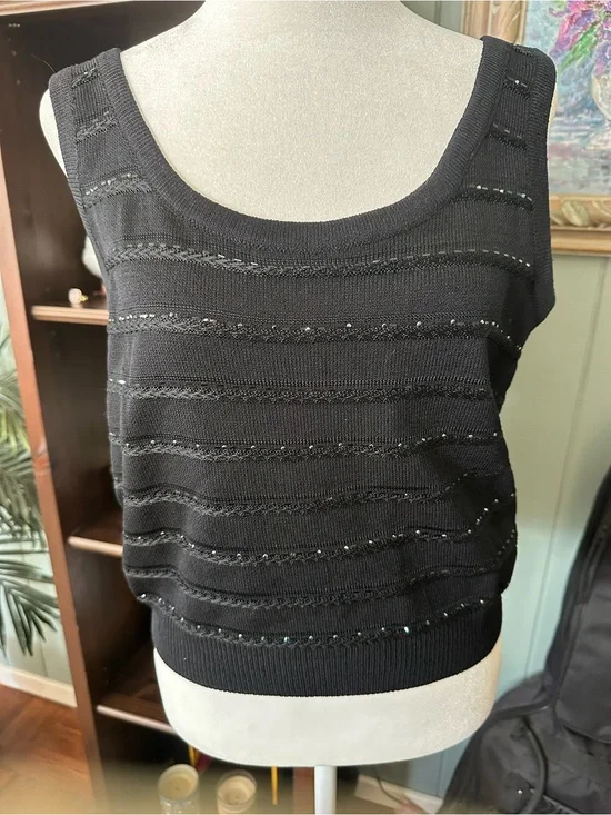 St. John Evening by Marie Gray Black Beaded Knit Tank Top