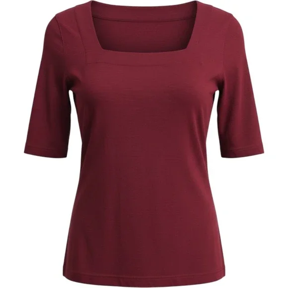 Akris Punto Square Neck Jersey T-Shirt Size 8 Burgundy Old Money Stretch Minimal
