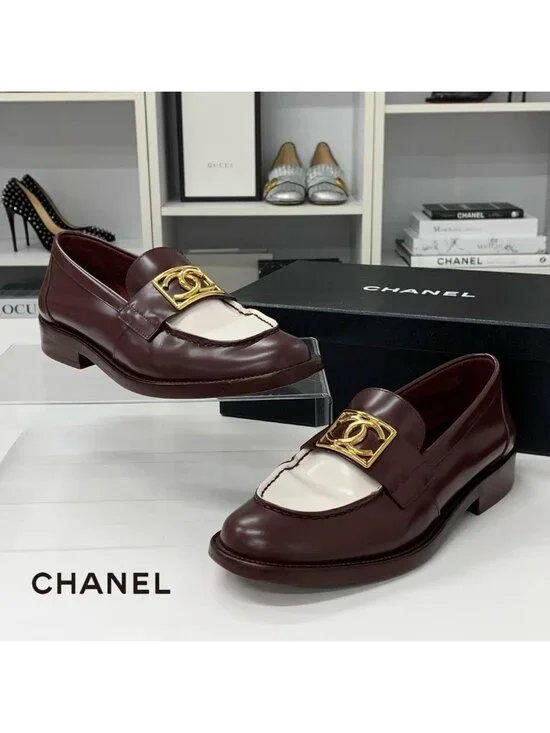 Chanel CC Logo Leather Loafers Burgundy White