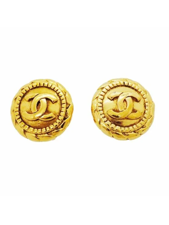 Chanel Earrings Vintage CC Logo Round Circle Gold Plated