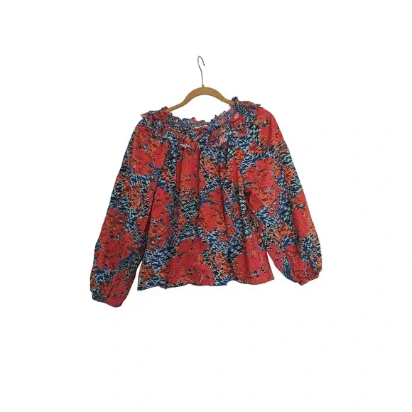 Ulla Johnson Floral Houndstooth Ruffle Neck Puff Sleeve Blouse Red Blue Orange