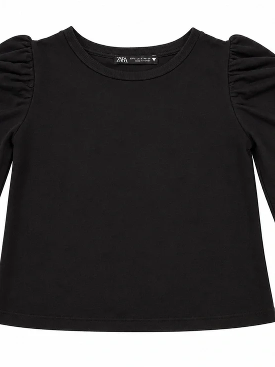 Zara Black Puff-Sleeve Crewneck Top