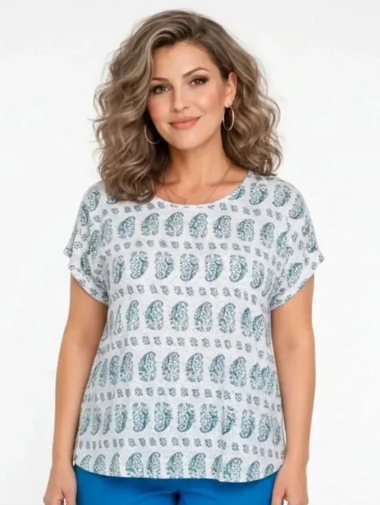J. Jill Love Linen Blue & Green Paisley Linen Keyhole Detail Top Size XL NWOT