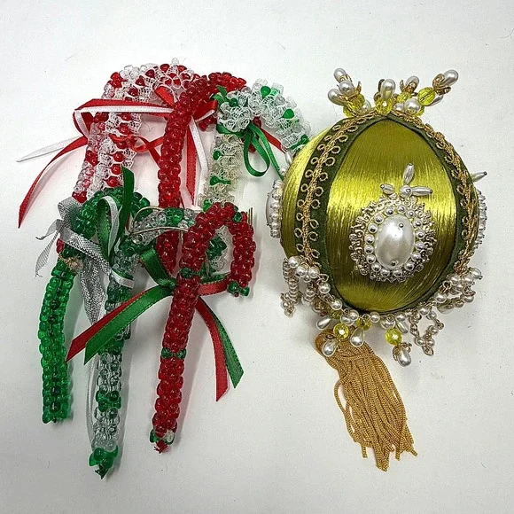 Vintage Handmade Beaded Christmas Ornament Lot 8 Candy Canes Tassel
