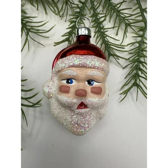 Polish Blown‎ Glass Santa Head Ornament Red Hat Iridescent Glitter 4.5