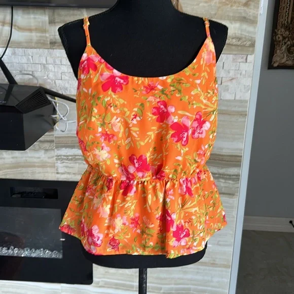 Enna & Michele Orange Sleeveless‎ Chiffon Floral Peplum Top. Size XS