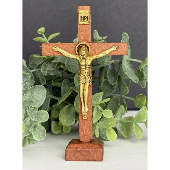 Wooden Crucifix Brass Jesus INRI 4