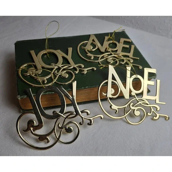 Gold Metal Joy Noel Christmas Ornaments Set of 4 Filigree Scrollwork Holiday