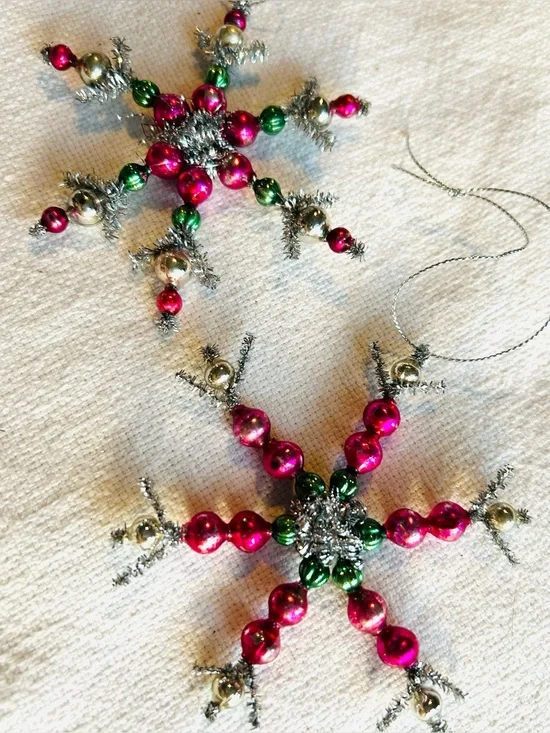 Vintage repurposed mercury, glass bead flowers holiday Christmas ornaments