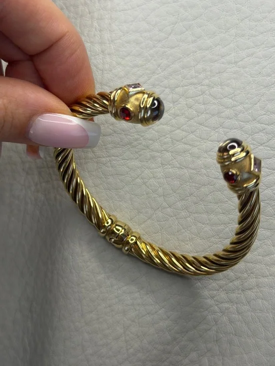 Vintage 14K Yellow Gold Twisted Cable Cuff Bracelet with Gemstones (6.5