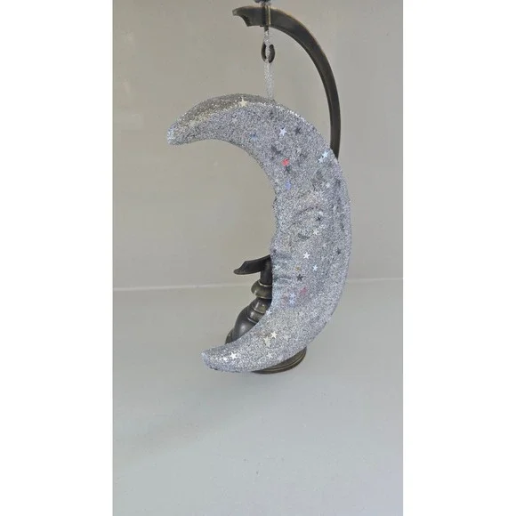 New Kurt Adler Silver Glitter Crescent Man in Moon Ornament styrofoam