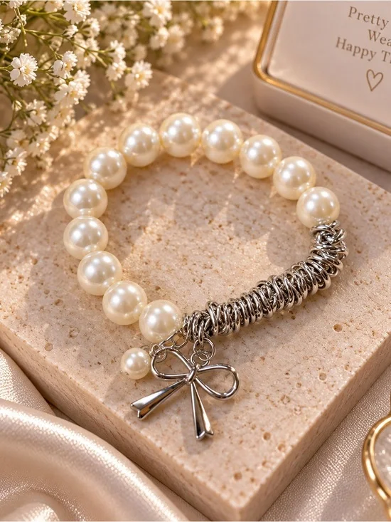 Pearl & Silver Bow Charm Bracelet - Elegant Cream Beaded Bracelet