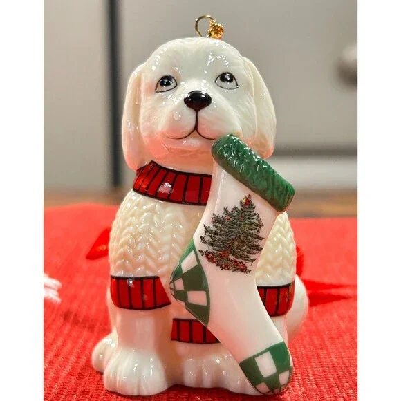 Spode Christmas Tree Puppy with Stocking Ornament 2.5