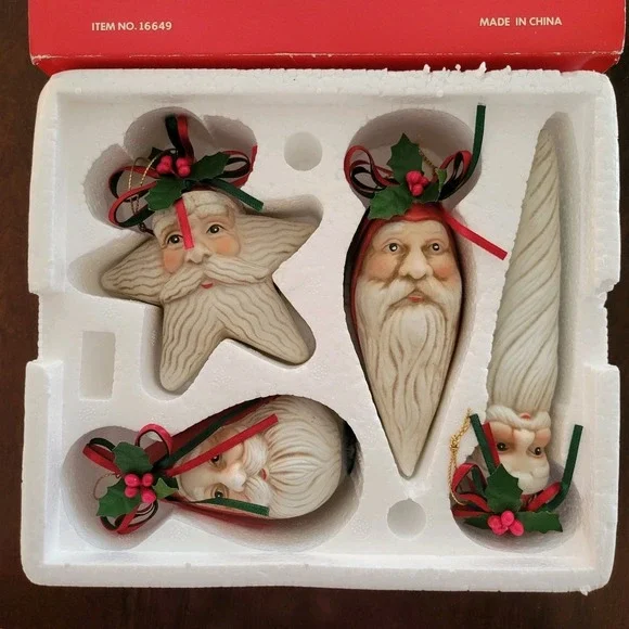 Set of‎ 4 Santa Face Christmas Ornaments w/ Star Original Box Holiday Tree Decor