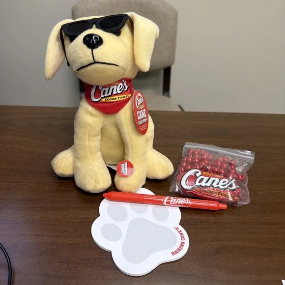 Raising Cane's Plush Dog Cane Mascot + Swag Lot Beads Pen Notepad Promo‎ Set
