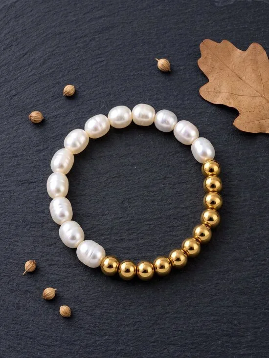 Freshwater Pearl Gold Bead Stretch Bracelet Stackable Old Money Boho Chic 6.3