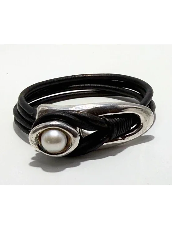 Israeli Silver & Black Leather Wrap Cuff Bracelet with Freshwater Pearl