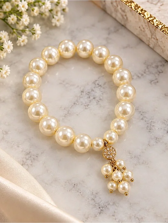 Gold-Tone Pearl Cluster Charm Bracelet - Elegant Women's Jewelry