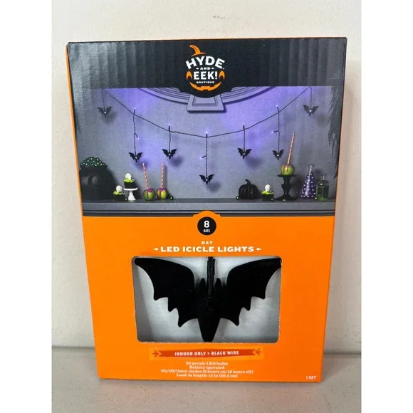 NEW 2026 Hyde & Eek Boutique Purple LED 8 Bat Icicle String Lights Black Wire