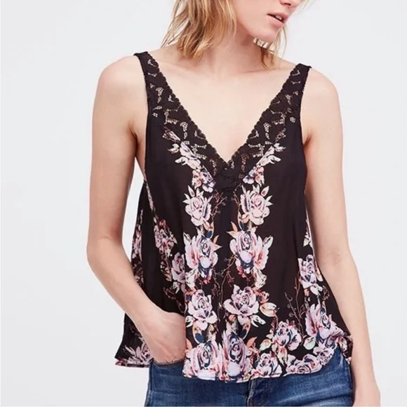 Free people intimately free morning rose floral Tank top black lace trim pink