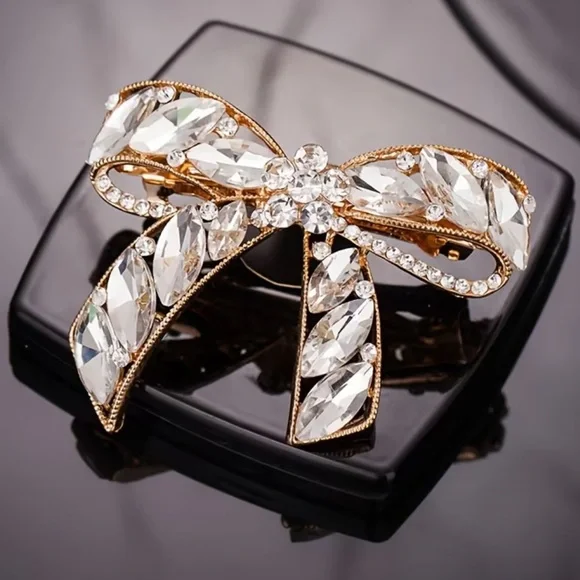 Free People Rhinestone Crystal Bow Hair Clip Gold Statement Barrette Special