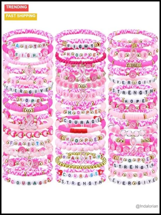 Breast Cancer Awareness Bracelets 50 Pcs Polymer Clay Bead Stretch