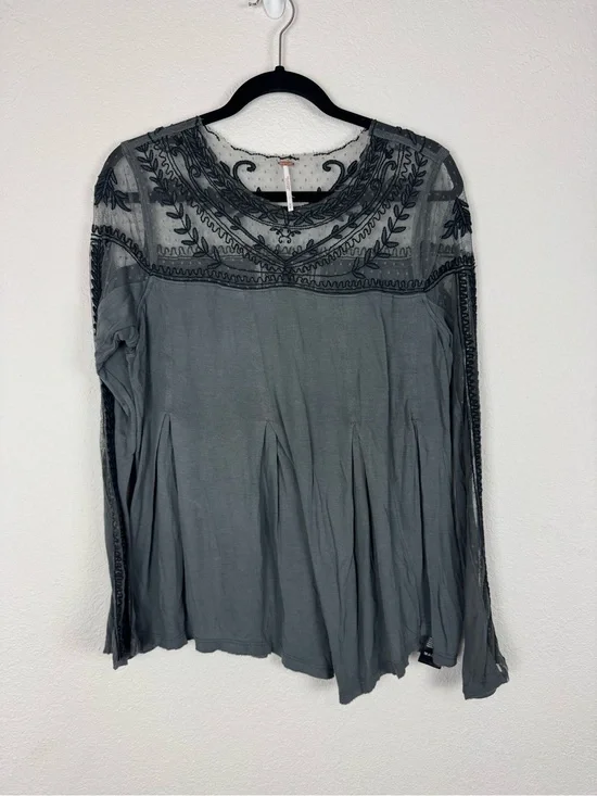 Free People Grey Gray Long Sleeve Lace Sheer Detail Top Boho Bohemian Western