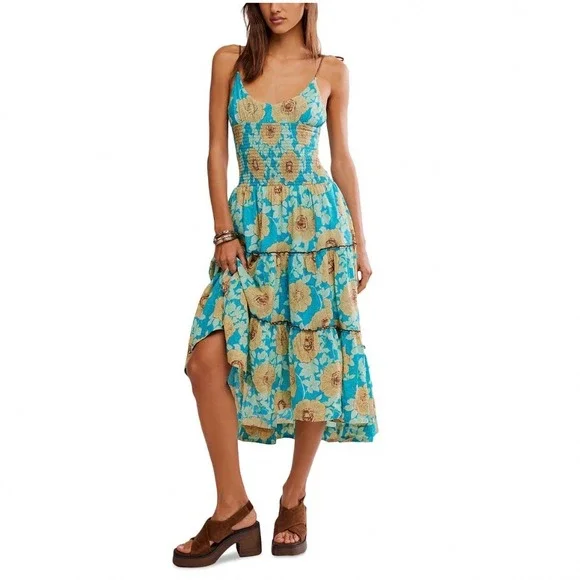 Free People Adriel Midi Dress Hawaiian‎ Ocean Combo Floral Smocked Large NEW