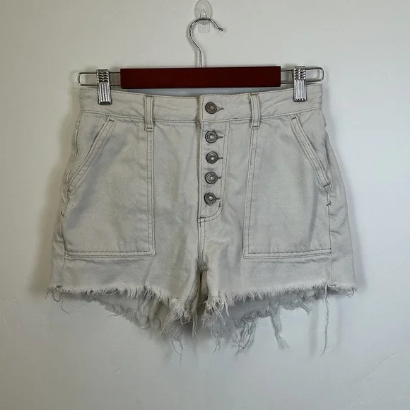 Free People We The Free Cinch Back Denim Shorts Button Fly 25 Utility Raw Hem