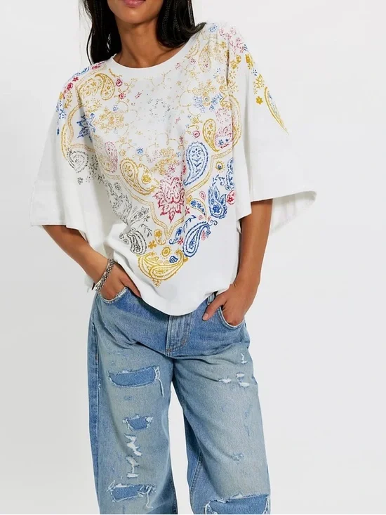 Free People We The Free Heirloom Printed Tee in Ivory XS