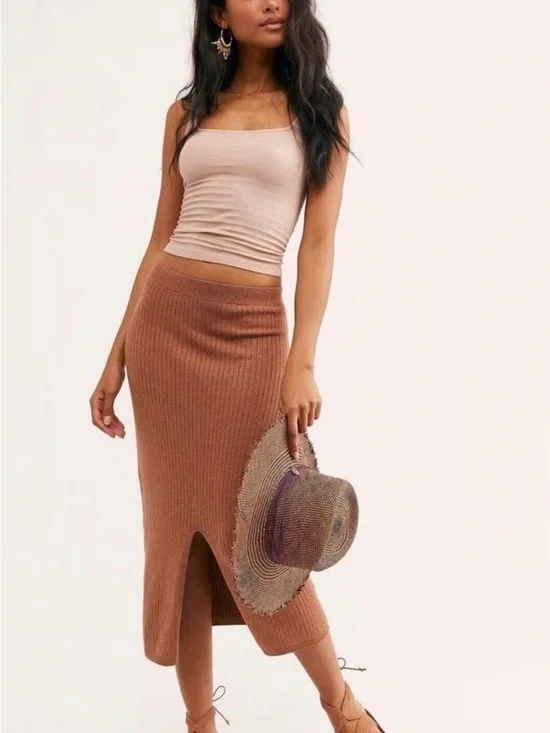 Free People Skyline Ribbed Midi Skirt‎ with Front Slit Size Medium