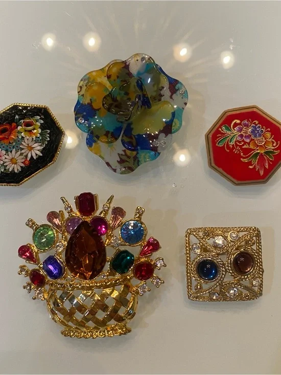 Vintage Italian Micro Mosaic & Multi-Style Floral Brooch Lot - Glass, Wood, Rhin