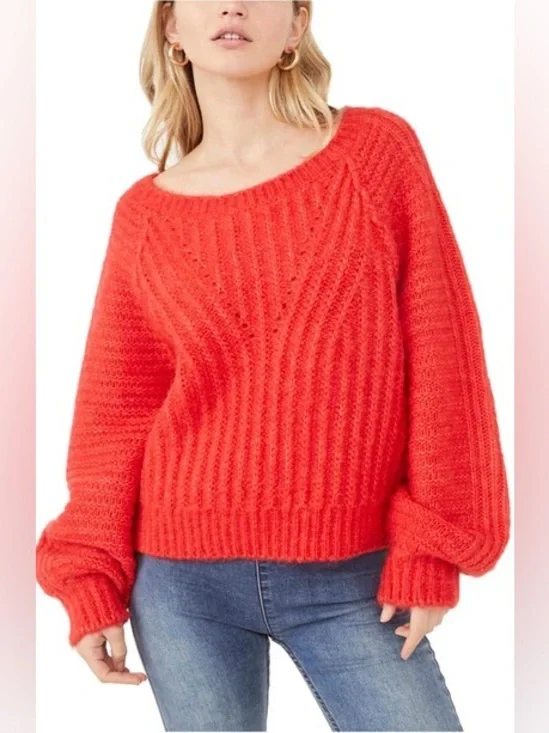 FREE PEOPLE Carter Pullover Sweater In Red Hot size small