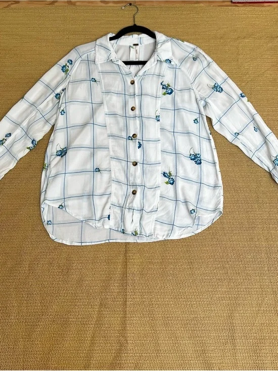Lightweight White Button-Up with Blue Floral Grid