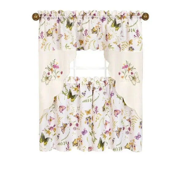 PowerSellerUSA Floral Butterflies Tier Panels and Swag Curtains, 3-Piece Window