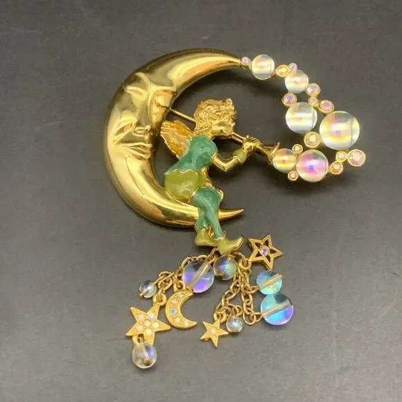 Vintage Kirks Folly Pipedream Fairy Moon Bubbles Charm Rhinestone Pin Brooch