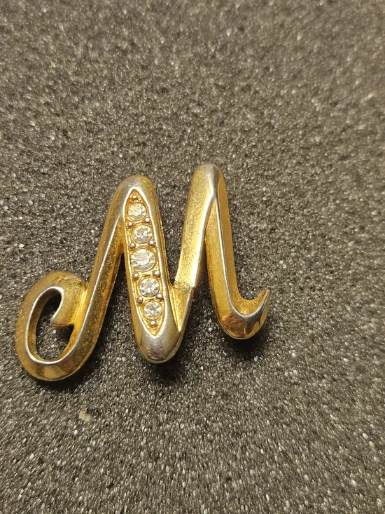 Avon Gold-Tone 'M' Brooch with Clear Rhinestones