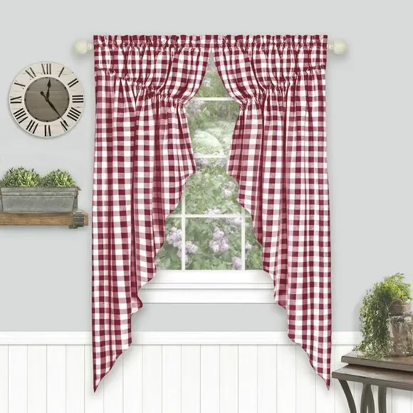 Woven Trends Farmhouse Curtains Kitchen Decor, Buffalo Plaid Gathered Swags,