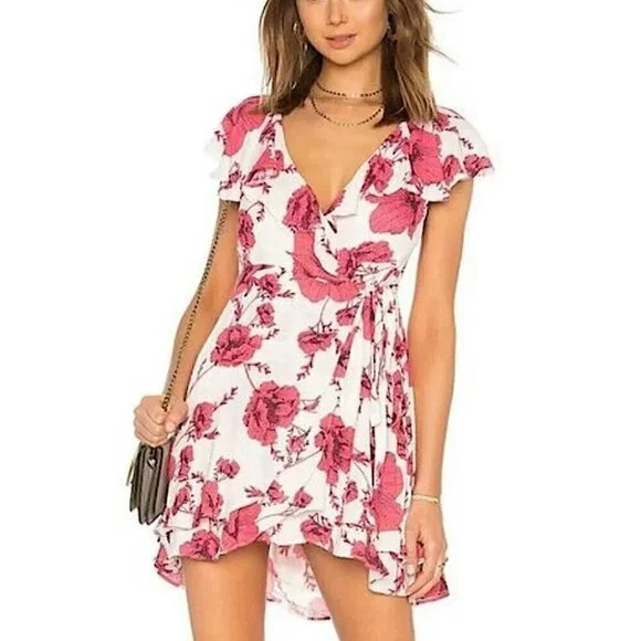 Free People French Quarter‎ Pink Floral Wrap Mini Dress XS