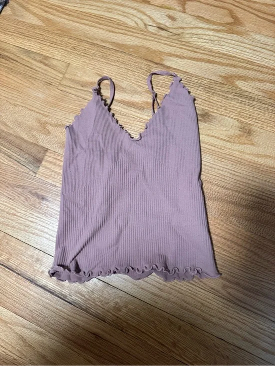 Free People Ribbed V-Neck Mauve Lettuce-Edge Camisole