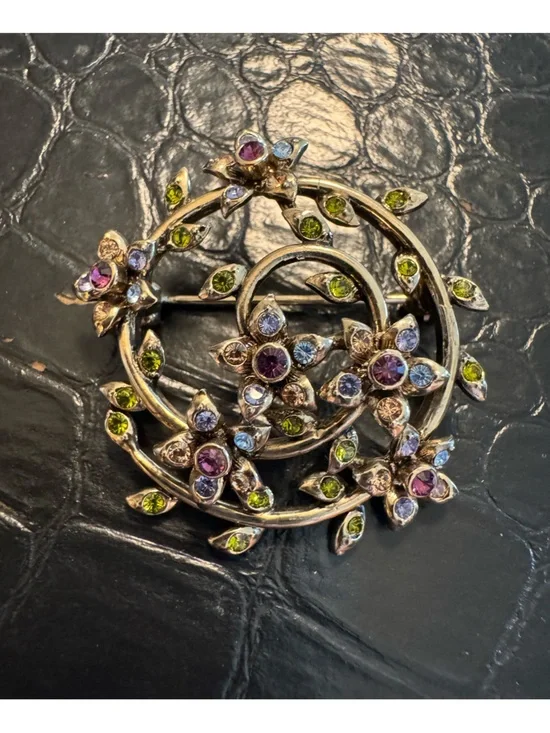 Floral Multi-Color Crystal Circle Brooch - Women Jewelry