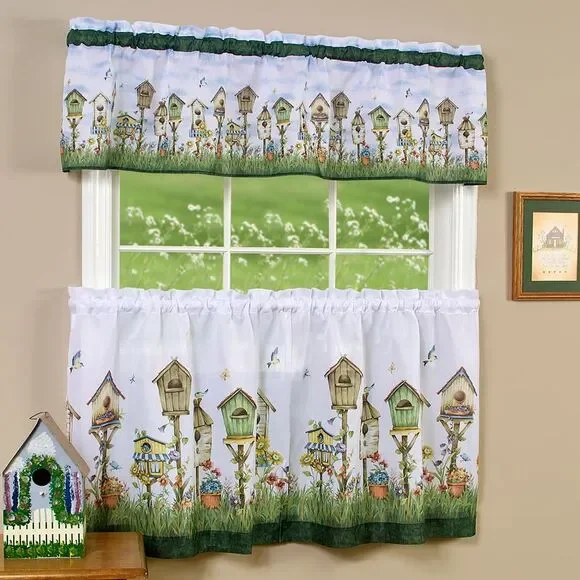 PowerSellerUSA 3-Piece Kitchen Curtains and Valance Set, Rustic Birdhouses Cafe