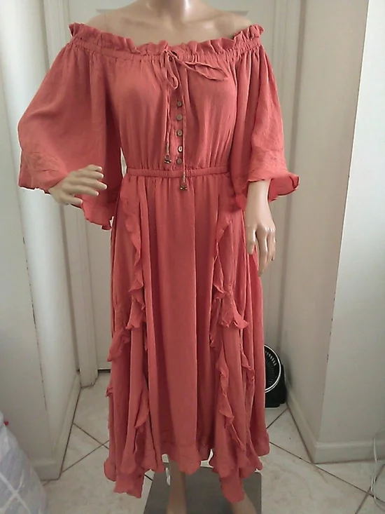 NWT FREE PEOPLE Boho Off-Shoulder Ruffle Maxi Dress Coral SZ. SM