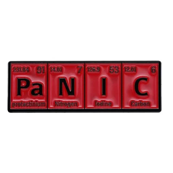 “Panic” Periodic Table Enamel Pin – Red Science Humor Nerd Brooch