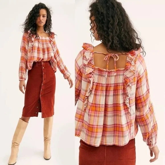 Free People • Siena Plaid Pullover top blouse orange pink smocked peasant