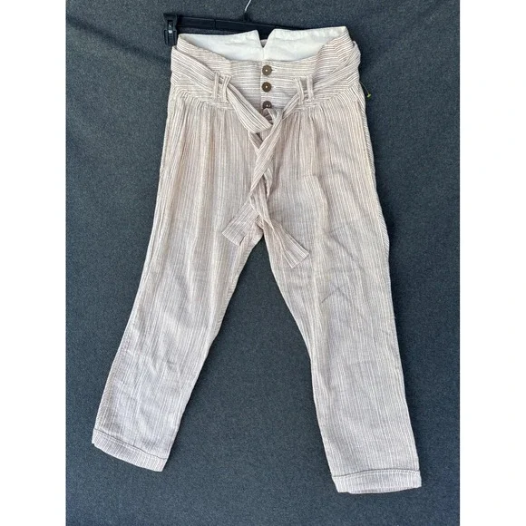 Free People Striped Cotton High Waist Tie Belt Pants OB799935 Cream Red Size 6