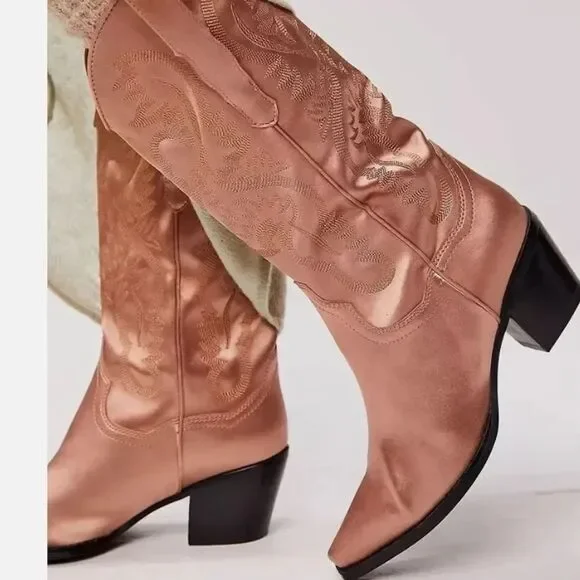 Free People Dagget Western Boots Champagne Rose Satin Amaya Western Size 6