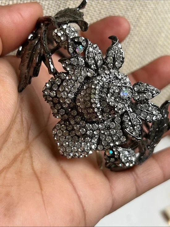 Crystal Floral Statement Bracelet - Gunmetal and Clear Rhinestones