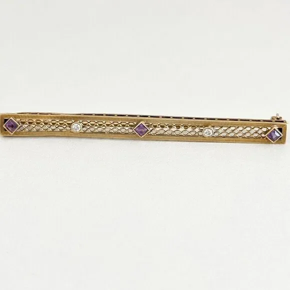 Antique 14K Solid Yellow Gold Intricate Detail Amethyst & Diamond Bar Brooch Pin