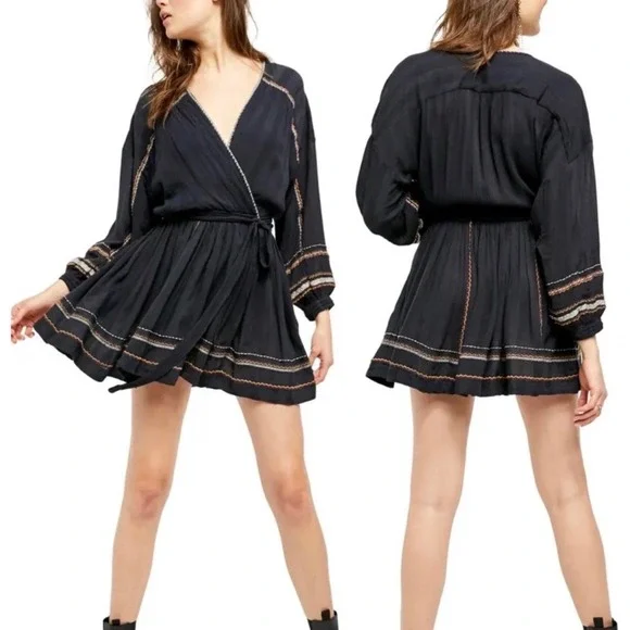 Free People Delilah Embroidered Wrap Mini Dress Womens‎ S Plum-Purple Boho Gauze